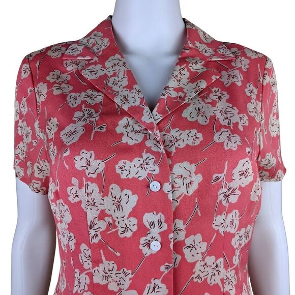 Statements by Danielle 8P Vintage Coral Pink Button Up Floral 100% Silk Blouse - Picture 2 of 8